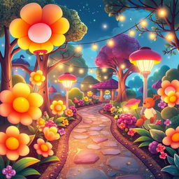 A cartoon-style illustration of an aesthetically pleasing garden glowing with vibrant colors