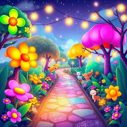 A cartoon-style illustration of an aesthetically pleasing garden glowing with vibrant colors