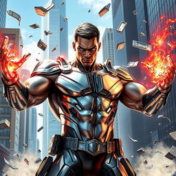 A bold and heroic male superhero with the ability to control metal, showcasing his powers by transforming surrounding metal into shimmering armor and intricate weapons