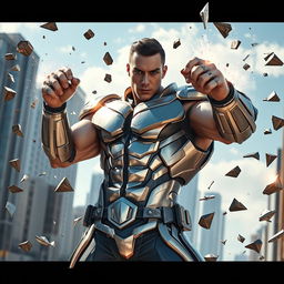 A bold and heroic male superhero with the ability to control metal, showcasing his powers by transforming surrounding metal into shimmering armor and intricate weapons