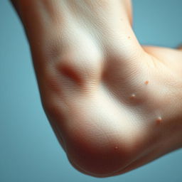 A highly detailed close-up of a human elbow, showcasing the skin texture, hair follicles, and subtle variations in color