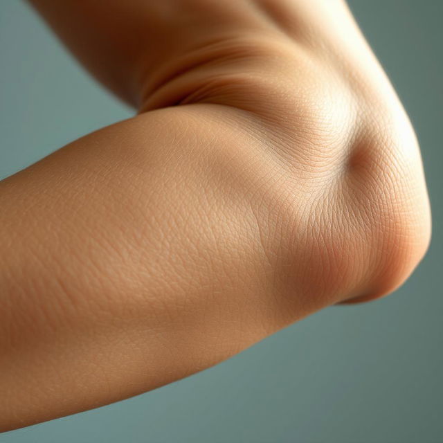 A highly detailed close-up of a human elbow, showcasing the skin texture, hair follicles, and subtle variations in color