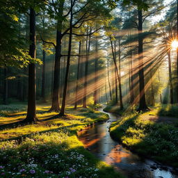 A breathtaking landscape of a serene forest during the golden hour, with tall, lush green trees casting elongated shadows