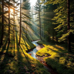A breathtaking landscape of a serene forest during the golden hour, with tall, lush green trees casting elongated shadows