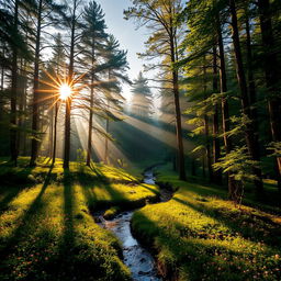 A breathtaking landscape of a serene forest during the golden hour, with tall, lush green trees casting elongated shadows