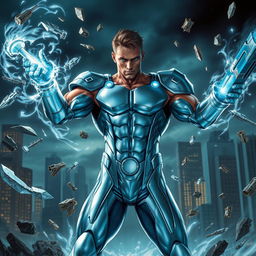 A powerful male superhero in a dynamic pose, showcasing his ability to control metal