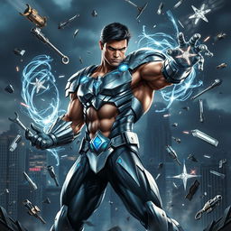 A powerful male superhero in a dynamic pose, showcasing his ability to control metal