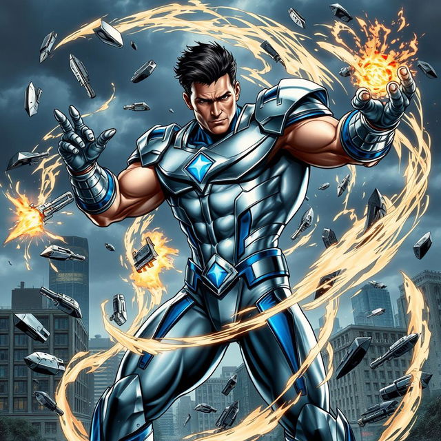 A powerful male superhero in a dynamic pose, showcasing his ability to control metal