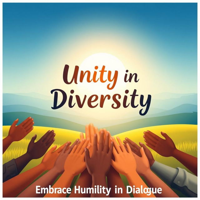 A poster promoting non-partisanship and humility, featuring a serene landscape with a wide horizon, symbolizing unity and open-mindedness