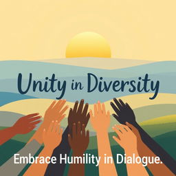 A poster promoting non-partisanship and humility, featuring a serene landscape with a wide horizon, symbolizing unity and open-mindedness