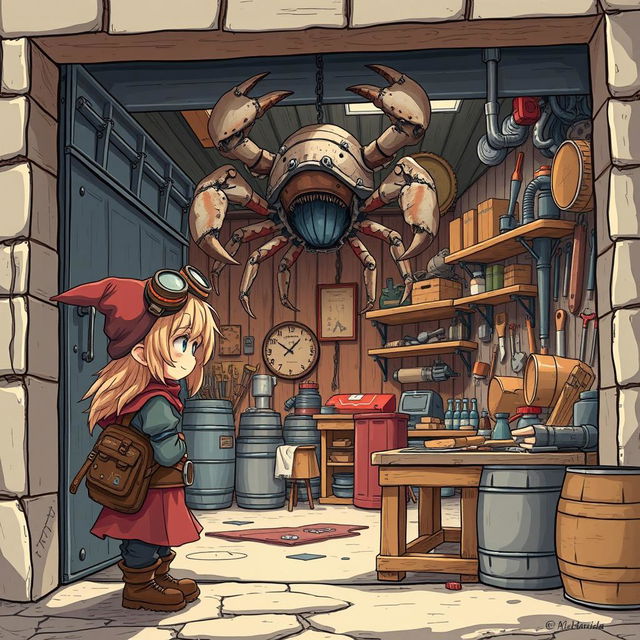 A captivating fantasy scene in anime style, showcasing a female dwarf adventurer with goggles perched on her head, standing outside a nondescript workshop