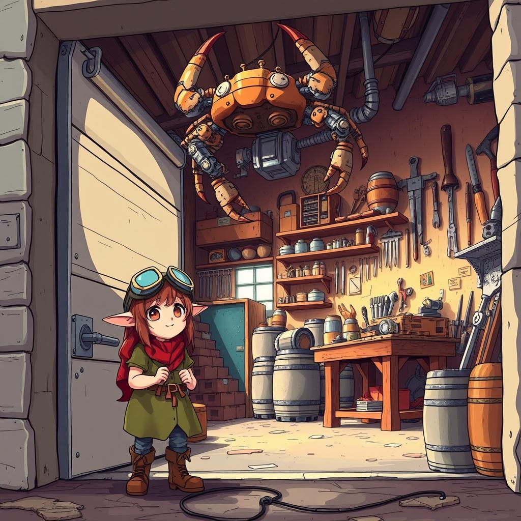 A captivating fantasy scene in anime style, showcasing a female dwarf adventurer with goggles perched on her head, standing outside a nondescript workshop