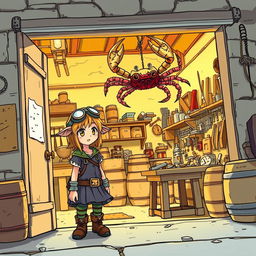 A captivating fantasy scene in anime style, showcasing a female dwarf adventurer with goggles perched on her head, standing outside a nondescript workshop