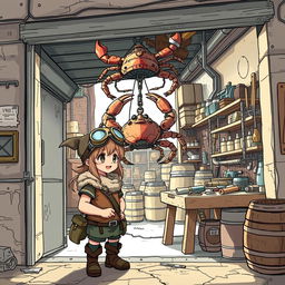 A captivating fantasy scene in anime style, showcasing a female dwarf adventurer with goggles perched on her head, standing outside a nondescript workshop