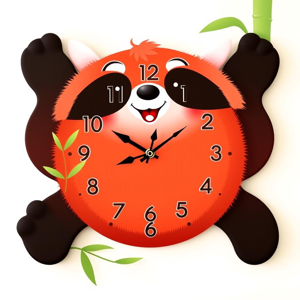 A whimsical wall clock design shaped like a red panda, inspired by the movie 'Turning Red'