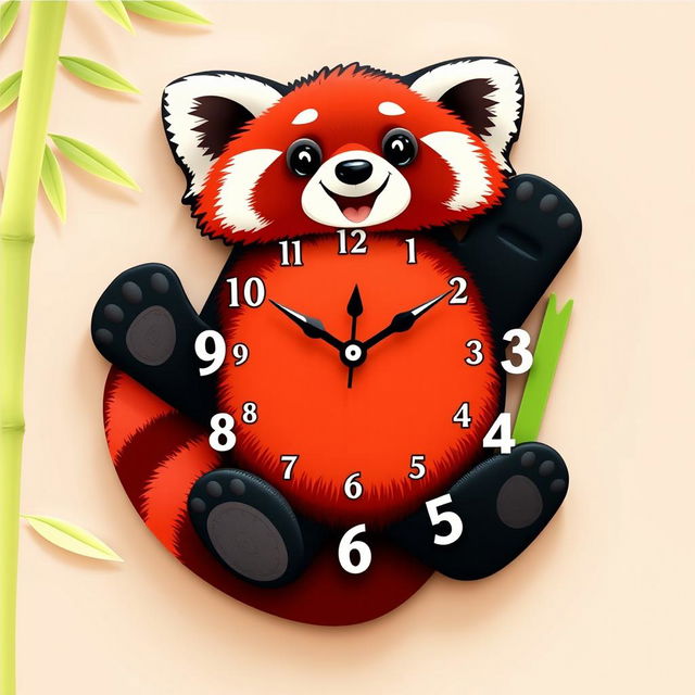 A whimsical wall clock design shaped like a red panda, inspired by the movie 'Turning Red'