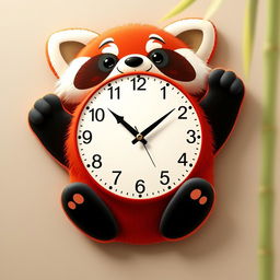 A whimsical wall clock design shaped like a red panda, inspired by the movie 'Turning Red'