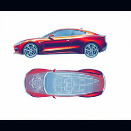 A detailed blueprint of a modern car, showcasing a side view and top view of the vehicle