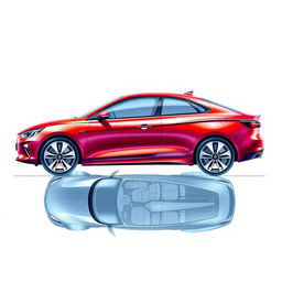 A detailed blueprint of a modern car, showcasing a side view and top view of the vehicle