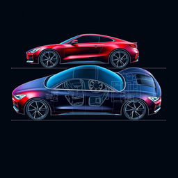 A detailed blueprint of a modern car, showcasing a side view and top view of the vehicle