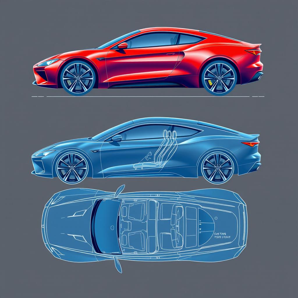 A detailed blueprint of a modern car, showcasing a side view and top view of the vehicle