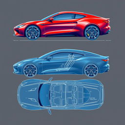 A detailed blueprint of a modern car, showcasing a side view and top view of the vehicle