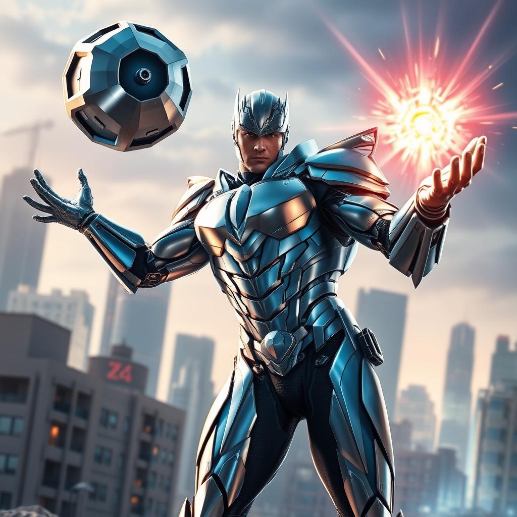 A male superhero in a dynamic pose, showcasing his power to control metal