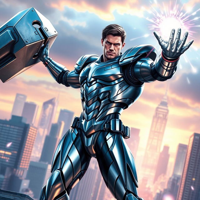 A male superhero in a dynamic pose, showcasing his power to control metal