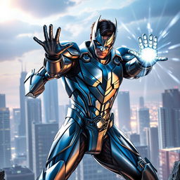 A male superhero in a dynamic pose, showcasing his power to control metal