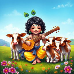 A cute depiction of Lord Krishna as a young child, joyfully playing a sarod, surrounded by a serene rural landscape