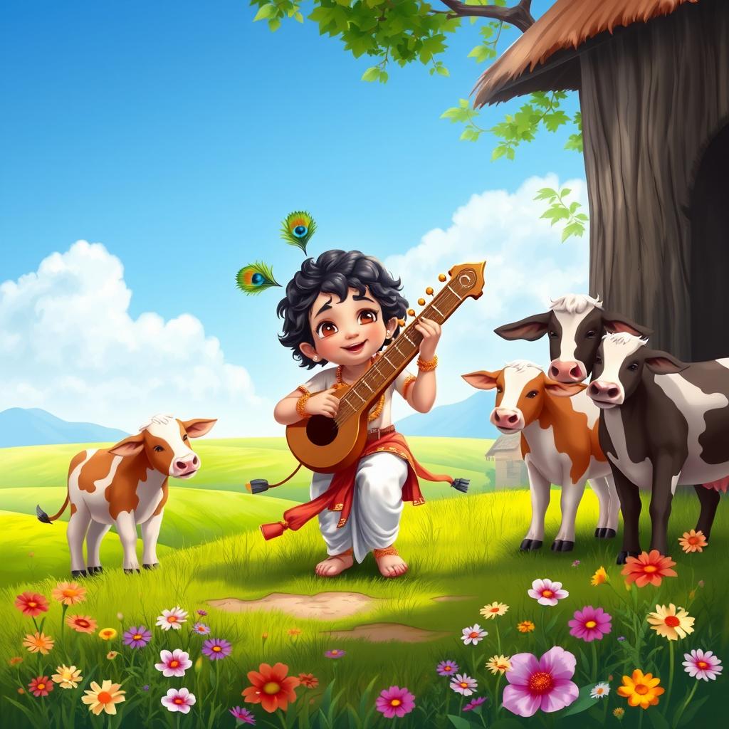 A cute depiction of Lord Krishna as a young child, joyfully playing a sarod, surrounded by a serene rural landscape