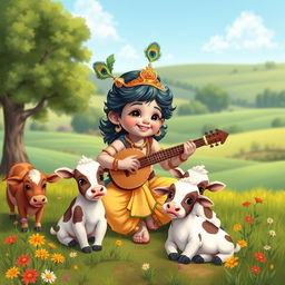 A cute depiction of Lord Krishna as a young child, joyfully playing a sarod, surrounded by a serene rural landscape