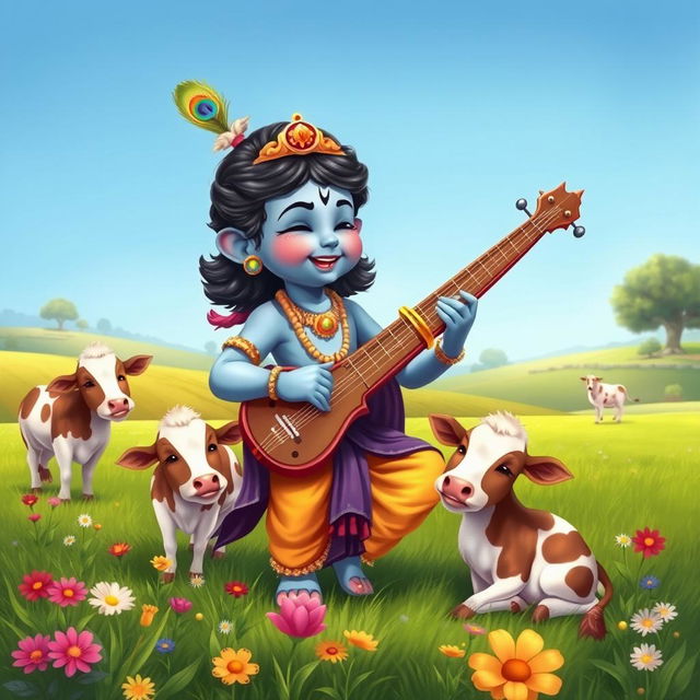 A cute depiction of Lord Krishna as a young child, joyfully playing a sarod, surrounded by a serene rural landscape