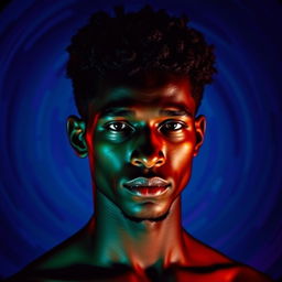 A striking portrait of a dark-skinned person named Alon, featuring bold and vivid colors