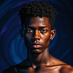 A striking portrait of a dark-skinned person named Alon, featuring bold and vivid colors