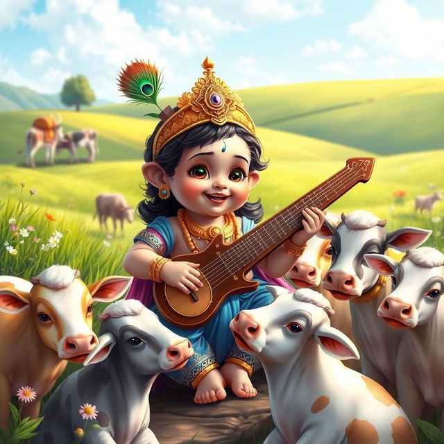 A charming scene of baby Lord Krishna, depicted as a cute toddler, playing a sarod with great joy