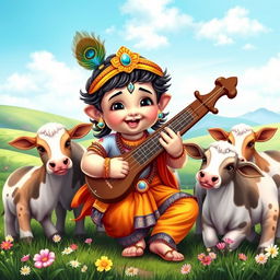 A charming scene of baby Lord Krishna, depicted as a cute toddler, playing a sarod with great joy