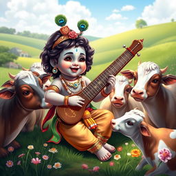 A charming scene of baby Lord Krishna, depicted as a cute toddler, playing a sarod with great joy