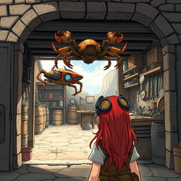 A captivating fantasy scene viewed from behind a female red-haired dwarf adventurer, with goggles perched on her head, standing outside a nondescript workshop