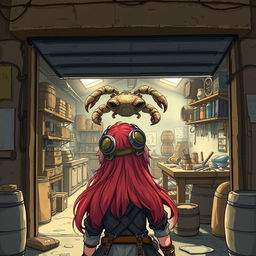 A captivating fantasy scene viewed from behind a female red-haired dwarf adventurer, with goggles perched on her head, standing outside a nondescript workshop