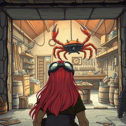 A captivating fantasy scene viewed from behind a female red-haired dwarf adventurer, with goggles perched on her head, standing outside a nondescript workshop