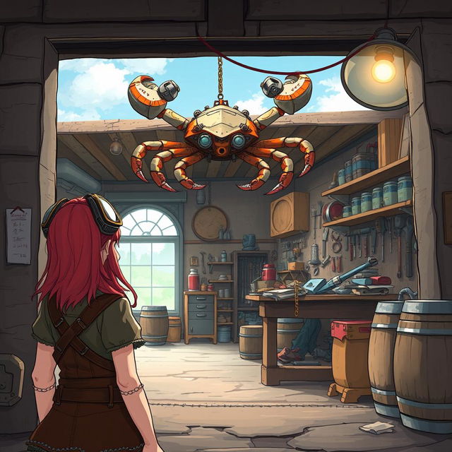 A captivating fantasy scene viewed from behind a female red-haired dwarf adventurer, with goggles perched on her head, standing outside a nondescript workshop