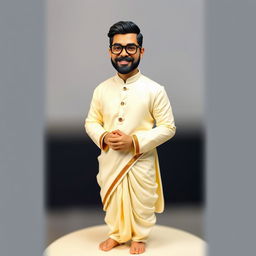 A realistic cake topper featuring a man dressed in a cream-colored kurta and mundu