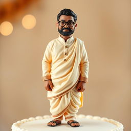 A realistic cake topper featuring a man dressed in a cream-colored kurta and mundu