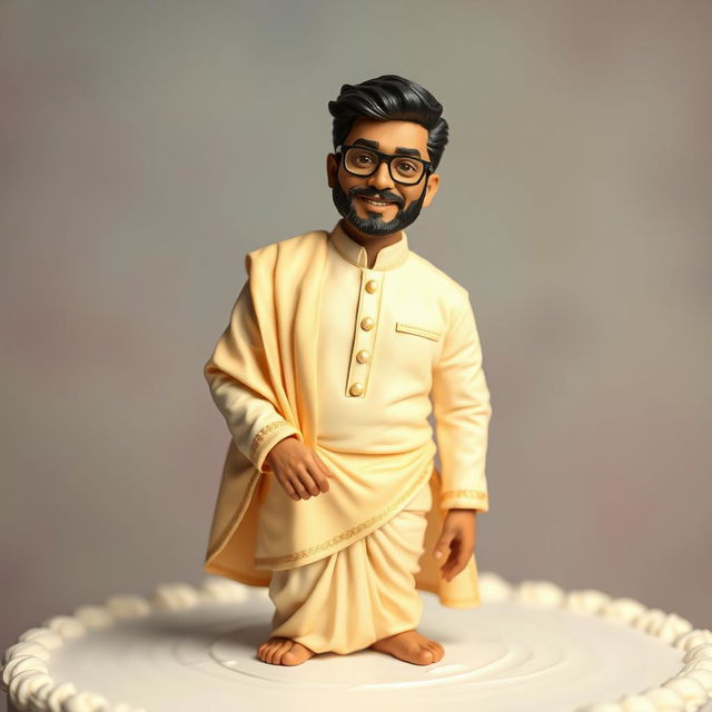 A realistic cake topper featuring a man dressed in a cream-colored kurta and mundu