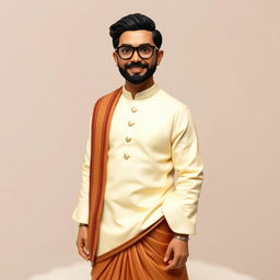 A realistic cake topper featuring a man dressed in a cream-colored kurta and mundu