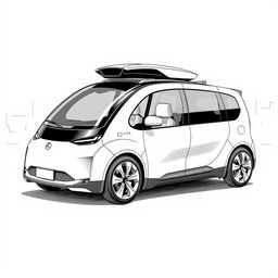 A detailed black and white drawing of an autonomous car, showcasing its sleek design and high-tech features