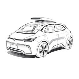 A detailed black and white drawing of an autonomous car, showcasing its sleek design and high-tech features
