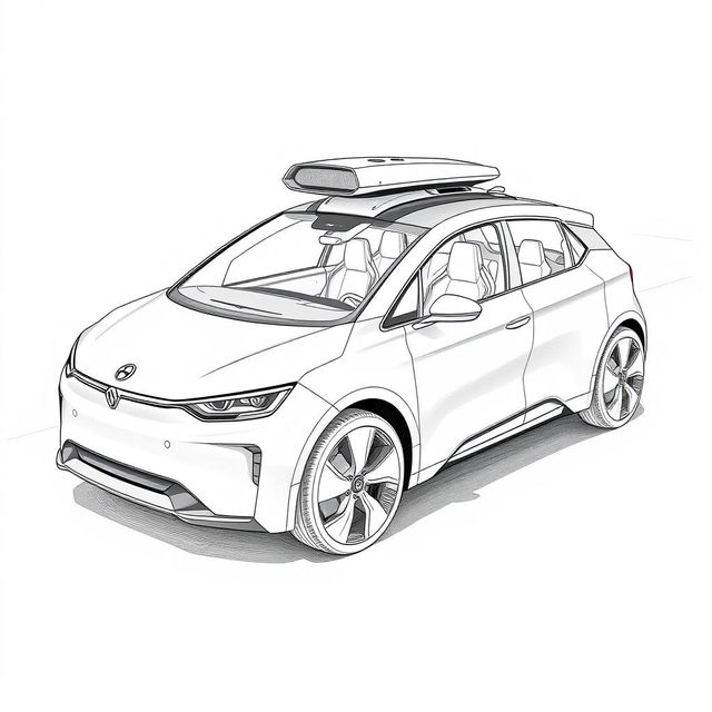 A detailed black and white drawing of an autonomous car, showcasing its sleek design and high-tech features