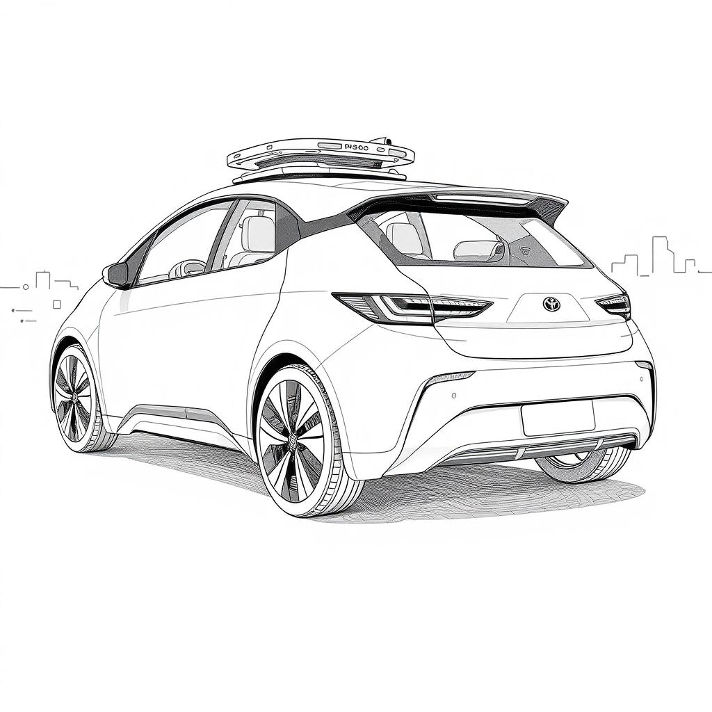 A detailed black and white drawing of an autonomous car, showcasing its sleek design and high-tech features